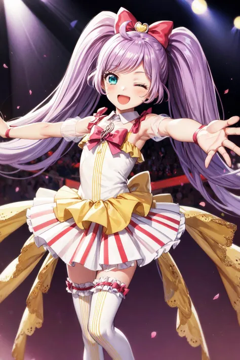 masterpiece,best quality,1girl,cute,manaka lala,ahoge,purple hair,twintails,very long hair,hair bow,aqua eyes,pink bow,white thighhighs,frilled dress,smile,one eye closed,open mouth,head tilt,spread arms,outstretched arms,singing,dynamic pose,on stage,ligh...