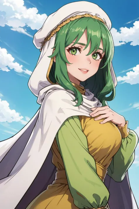 masterpiece, best quality, solo, 1girl, looking at viewer, smile,  <lora:safy-nvwls-v1:0.9>, safy, green hair, hood, white cloak, green dress, long sleeves, long dress,  <lora:FE-ENGAGE S Rank_Fp:1>, sky, cloud