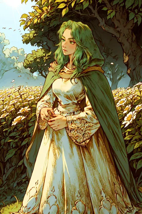 (masterpiece, best quality, absurdres, 4k, aesthetic, detailed, intricate, perfect lighting),outside,field,flowers,sunlight,1girl,cowboy shot,safy,hood, white cloak, green dress, long sleeves, long dress,green hair <lora:safy-nvwls-v1:0.8>  <lora:FFTJobs:1...