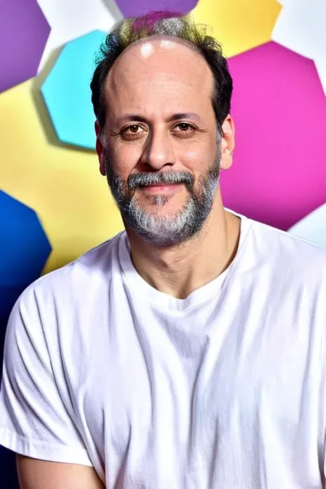 a close up of a man with a beard and a white shirt