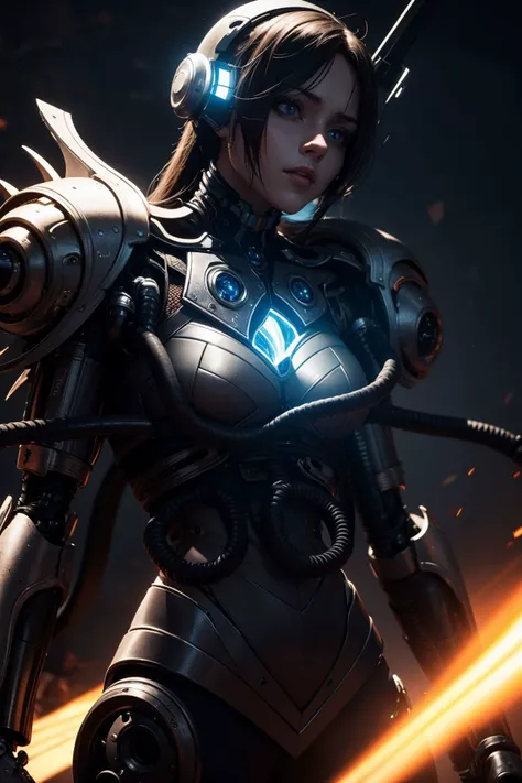 (masterpiece:1.4, best quality), (intricate details), unity 8k wallpaper, ultra detailed, dark color theme,  glowing aura, mechanical parts, cyborg armor, visually stunning, intricate, perfect lighting, perfect shading