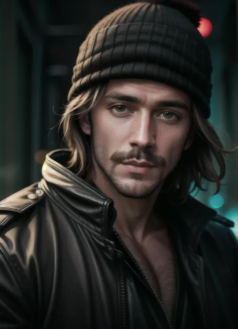 AS-Adult, hyperrealistic, Alleyway view of a man, 1man, wearing Aviator Beanie with Leather Vest, with a mustache, Glowing jellyfish light the scene, supernatural feel, unity 8k wallpaper, ultra detailed, beautiful and aesthetic, best quality, intricate, s...