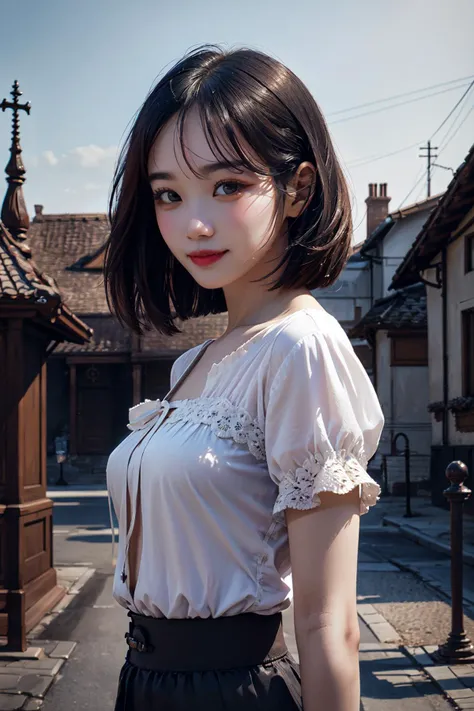 Best quality, masterpiece, ultra high res, raw photo, beautiful and aesthetic,deep shadow, dark theme,(photorealistic:1.4),
1girl, smile, skirt,((ragged shirt)), bob haircut, half body composition, ((small chest)), ((from side)),outdoors