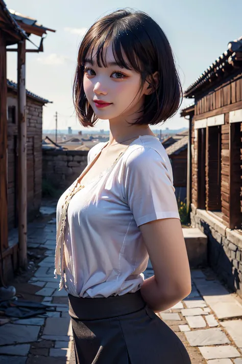 Best quality, masterpiece, ultra high res, raw photo, beautiful and aesthetic,deep shadow, dark theme,(photorealistic:1.4),
1girl, smile, skirt,((ragged shirt)), bob haircut, half body composition, ((small chest)), ((from side)),outdoors