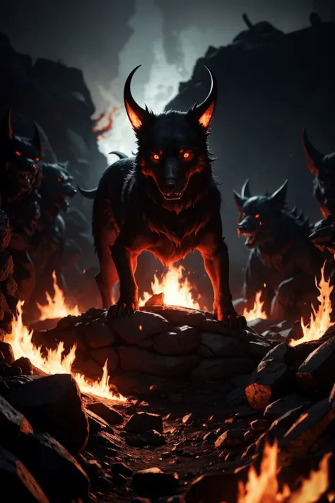 masterpiece, 4k, extreme resolution, highly intricate, studio quality, extremely detailed, hellhound, fiery underworld terrain, molten lava, charred fur, ember-lit eyes, demonic silhouette, demonic flames, relentless pursuit, hellish torment, silhouette li...