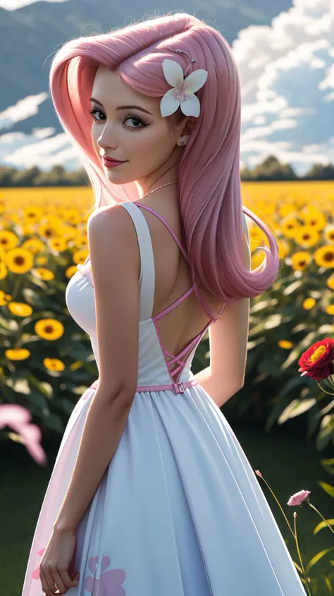 (masterpiece, best quality:1.2),<lora:mlp_fluttershy-11:1>,cowboy shot,solo,1girl,mlpfluttershy,slight smile,looking at viewer,arms behind back,hair flower,dress,in a field of flowers,clouds,dynamic lighting,