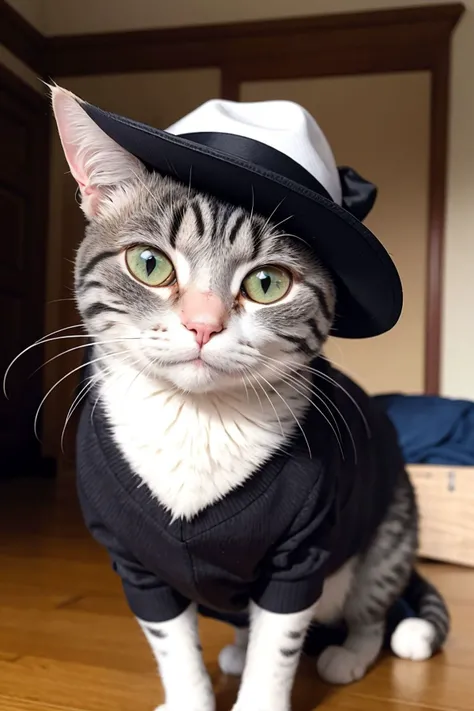 a photo of the most handsome cat, with a hat, his name is jack, stylish