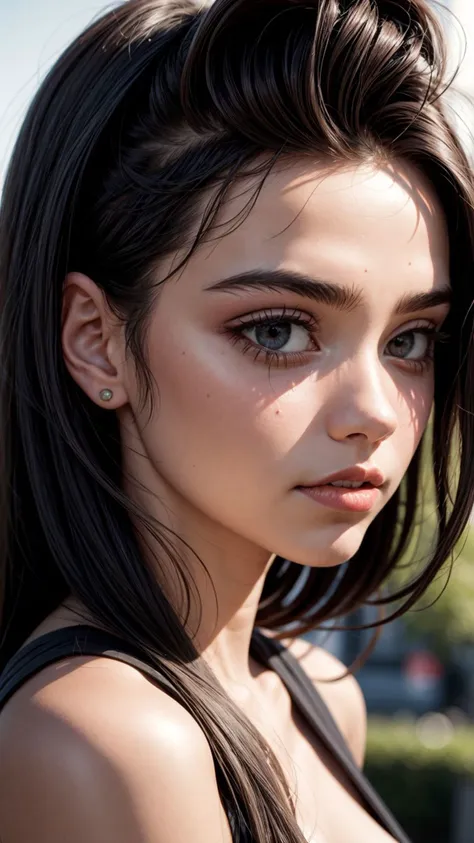 a close up of a woman with long hair and a black top