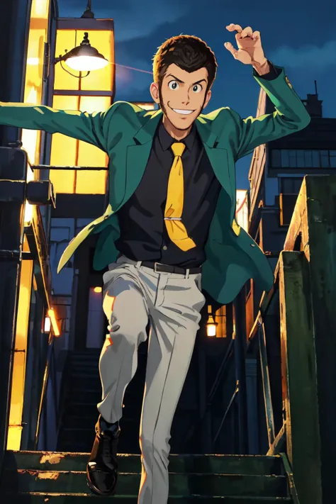 (best quality, masterpiece, RAW photo,ultra-detailed:1.2), <lyco:GoodHands-beta2:1.0>,1man,solo,looking at viewer, smile,
 <lyco:Lupin:0.83>green jacket, yellow tie, black shirt, lupin, running the city, from below, night,