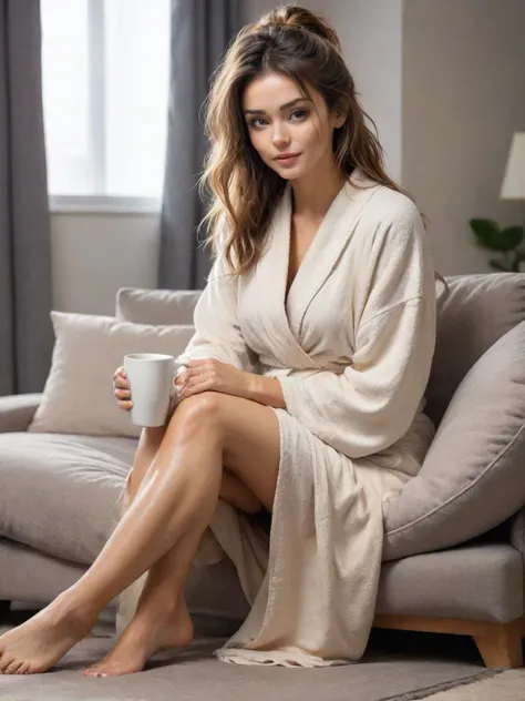 a woman sitting on a couch holding a cup of coffee