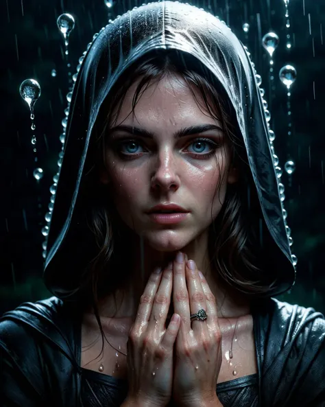 Beautiful girl during a thundertstorm, heavy rain, large droplets, highly detailed, Life like, photo realistic, perfectly drawn hands, perfectly drawn face, perfect composition, beautiful detailed intricate insanely detailed octane render trending on artst...