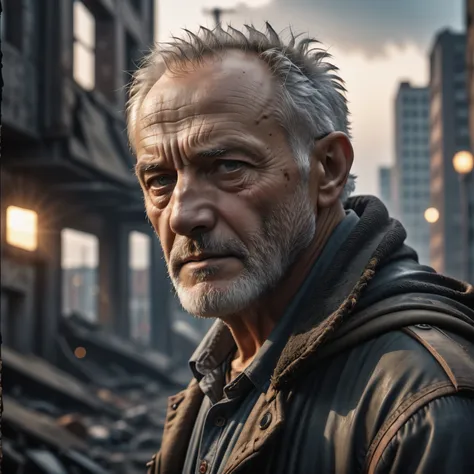 a man with a beard and a leather jacket standing in a city