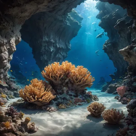 underwater scene of corals and fish in a cave