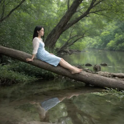 there is a woman sitting on a log over a river