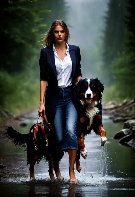 woman walking with two dogs in a stream in the woods