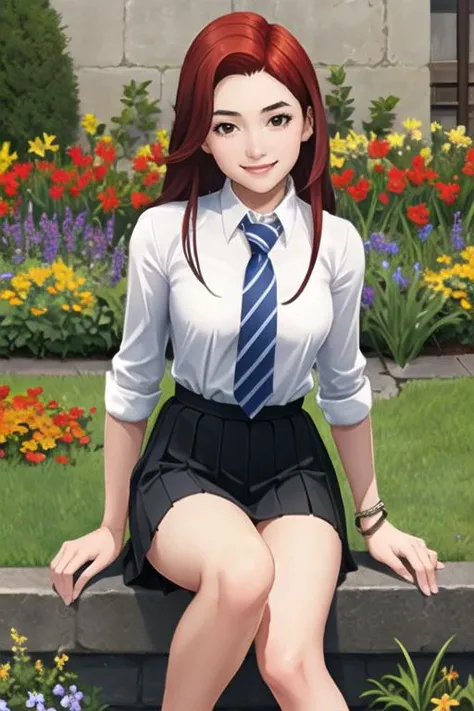 (best quality, ultra detailed), (detailed background:1.2), (perfect face, detailed face), looking at viewer, (mature female:1.4), smile, TulipKarasu, 1girl, red hair, long hair, solo, brown eyes, black skirt, pleated skirt, narrow waist, collared shirt, wh...