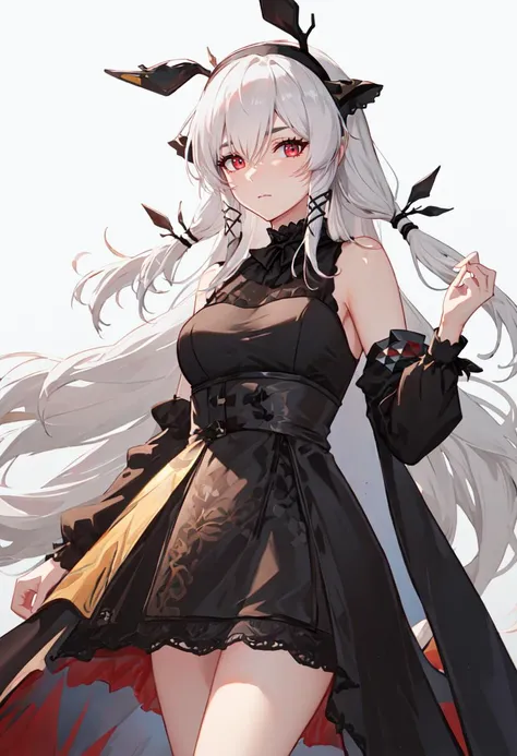 best quality, masterpiece, highres, solo, (weedy_arknights:1.10), 1girl, black dress, bare shoulders, sleeveless dress, looking at viewer, alternate costume, simple background, white hair, closed mouth, breasts, grey background, hairband, cowboy shot, char...