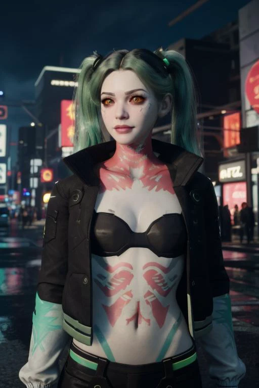 rebecca, cyberpunk , masterpiece,best quality, 1girl, (cyberpunk outfit), cargo pants, cropped short jacket, clevage, green twintail hair, third person shooter gameplay, in night town, upperbody shot  <lora:Unreal Engine Render:0.6> unreal engine render, r...