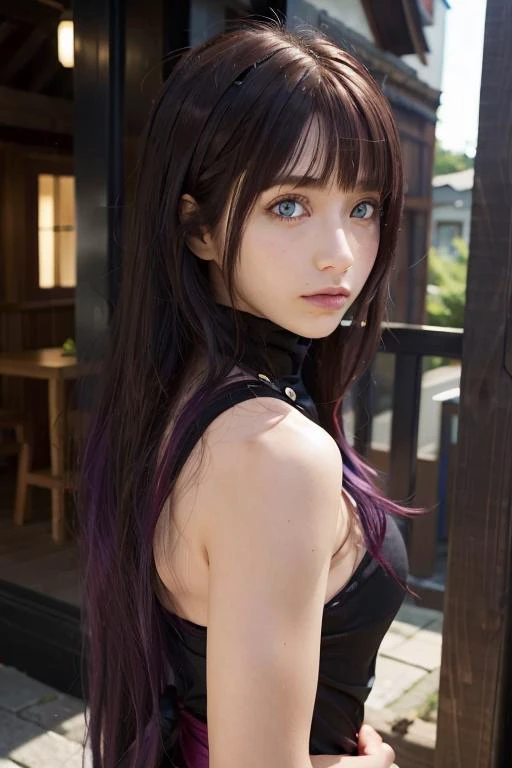 emilyrudd, as hinata hyuuga from Naruto, purple hair, long hair, straight hair, straight bangs, in hidden ninja village konoha <lora:emilyrudd:0.9> , <lora:hinataHyuugaLora_hinata:0.2>