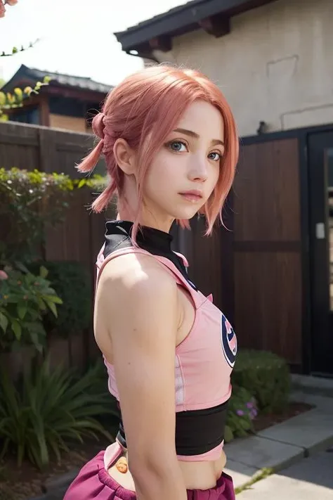 emilyrudd, as Sakura haruno from Naruto, pink hair, bob hairstyle (Sakura Haruno red ninja Outfit:0.9), in hidden ninja village konoha <lora:emilyrudd:1>