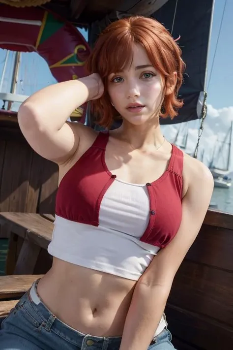 emilyrudd, nami, a woman with red hair on a wooden boat, wearing crop top <lora:emilyrudd:1>, big chest