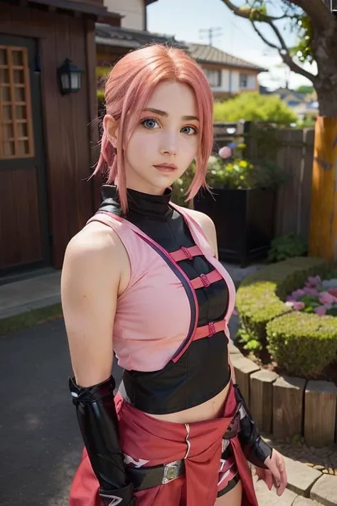 emilyrudd, as Sakura haruno from Naruto, pink hair, (Sakura Haruno red ninja Outfit:0.9), in hidden ninja village konoha <lora:emilyrudd:1>