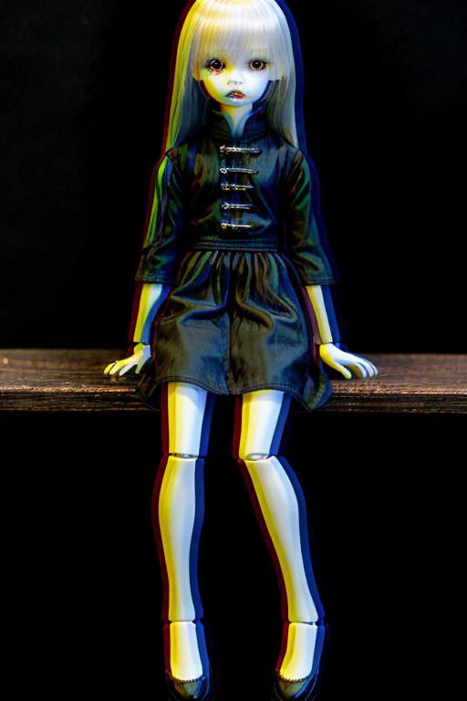 <lora:luts:.8> japanese horror girl, doll, sitting on a shelf, scary, menacing, pale, long black straight hair, black stained white dress, full body shot, creepy, eerie vibe, CCTV,   <lora:chromatic_aberration_v11:1.7>  <lora:epi_noiseoffset2:1>