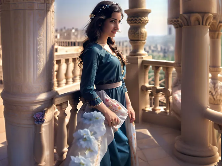 araffe woman in a blue dress standing on a balcony with a bouquet