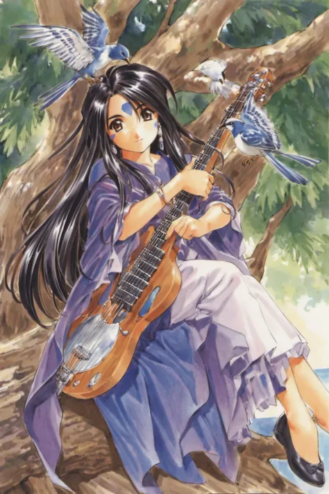 Skuld, 1girl, bird, solo, long hair, instrument, facial mark, dress, forehead mark, tree, jewelry, black hair, sitting, earrings, in tree, traditional media,<lora:Kosuke Fujishima_XL:0.8>,