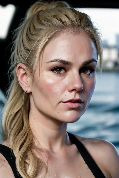 RAW, real photo portrait, annaPaq1 , on a boat, (wearing a wet black t-shirt), pretty face, insanely detailed eyes, light blonde hair, high ponytail, bokeh, natural light, depth of field, golden hour, sharp focus