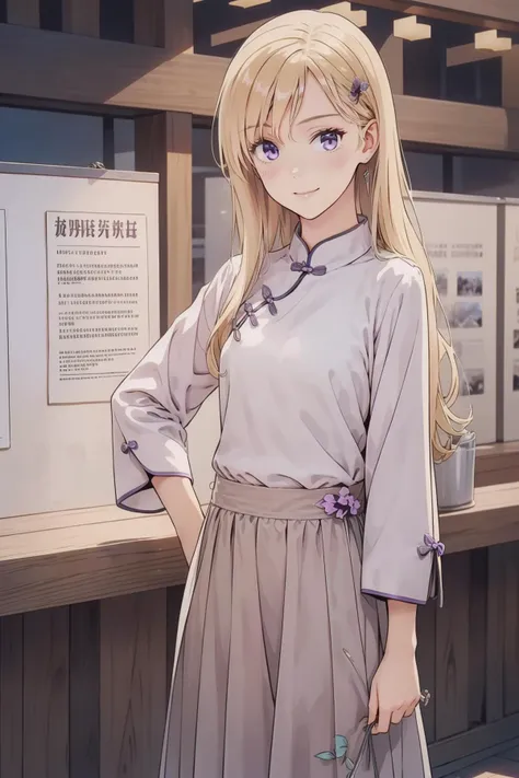 anime girl in a gray dress standing in front of a counter