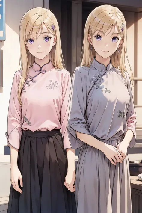 two anime girls in long skirts standing next to each other