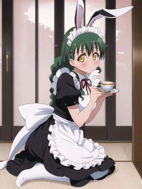 sanae_shikikagami, maid, yellow eyes, white legwear, blush, maid apron, braided ponytail, looking at viewer, rabbit ears, sitting with teacup,
 <lora:sanae_shikikagami_v1:0.7>