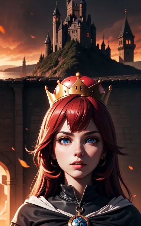 a woman with a crown on her head standing in front of a castle