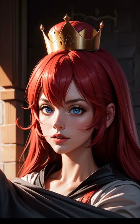 a woman with red hair and a crown on her head