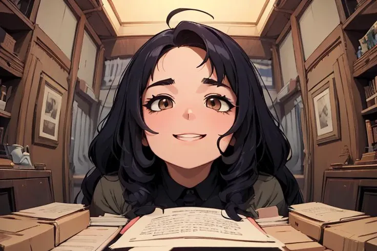 anime girl sitting at a table with a book in front of her