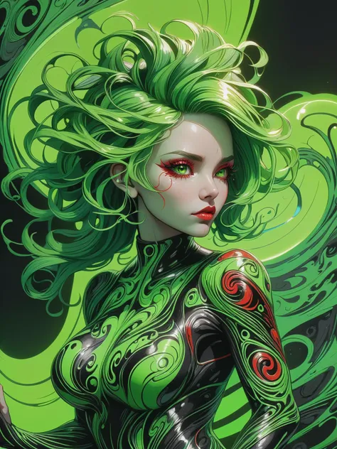 a woman with green hair and a green and black outfit