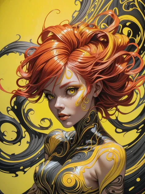 woman in the style of aaron horkey, in the style of ivan marchuk, neon_red hair, neon_yellow background <lora:EnvyInkSwirlXL01:1> swirling ink <lora:aesthetic:0.5> aesthetic <lora:great_lighting:1> great lighting, (masterpiece:1.2), best quality, (hyperdet...