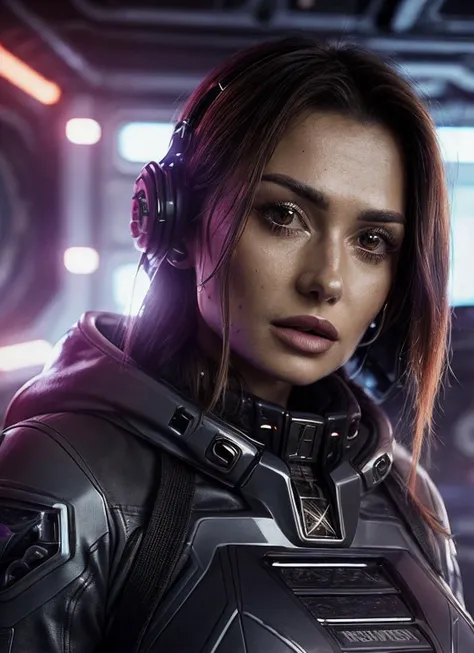 a woman in a futuristic suit with headphones on