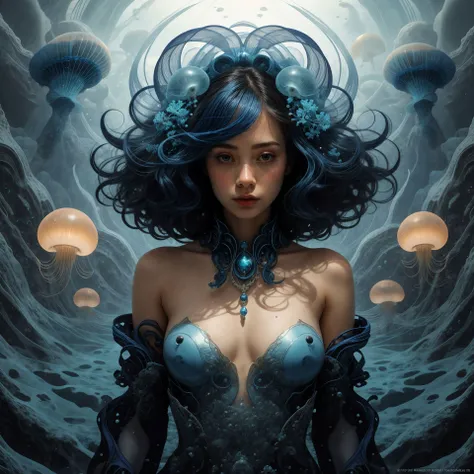 cinematic photo ((blue and navy color tone:1.3)) 1girl, solo,jellyfish filling up the ocean, millions of jellyfish, a girl swimming ((naked)) in the deep ocean surrounded by jellyfish, ((jellyfish)), deep black ocean,under the sea,(photorealistic:1.4), off...