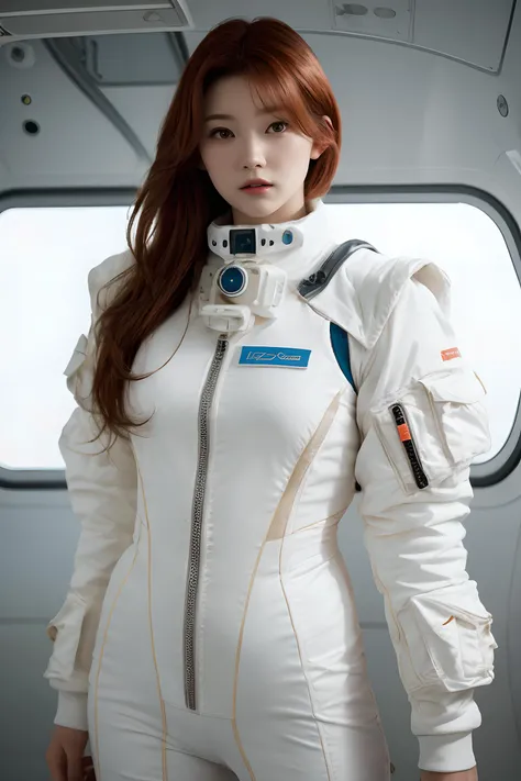 a portrait photography of a gorgeous redhead in open unbuttoned white space suit, standing inside spaceship, attractive, flirting, looking at viewer, detailed skin, highly detailed, diffused soft lighting, hyperrealism, cinematic lighting