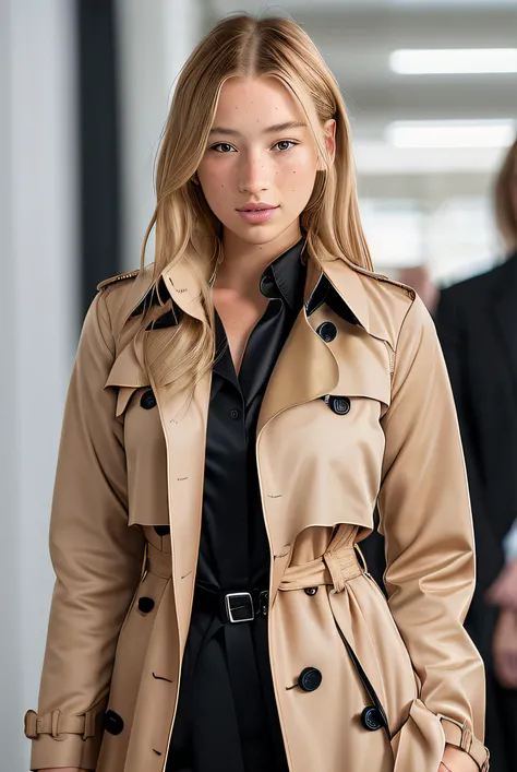 photo of (blonde freckled K4yl4J0n3s01:0.99), a woman, RAW, close portrait photo, (long tan trench coat and black dress shirt:1.2), pale skin, slim body, (high detailed skin:1.2), 8k uhd, dslr, soft lighting, high quality, film grain, Fujifilm XT3 sharp fo...