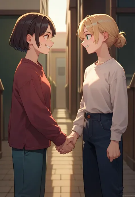 two young women shaking hands in a hallway