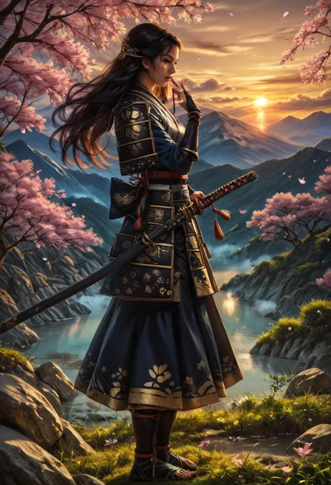 a woman in a samurai outfit standing on a hill with a sword