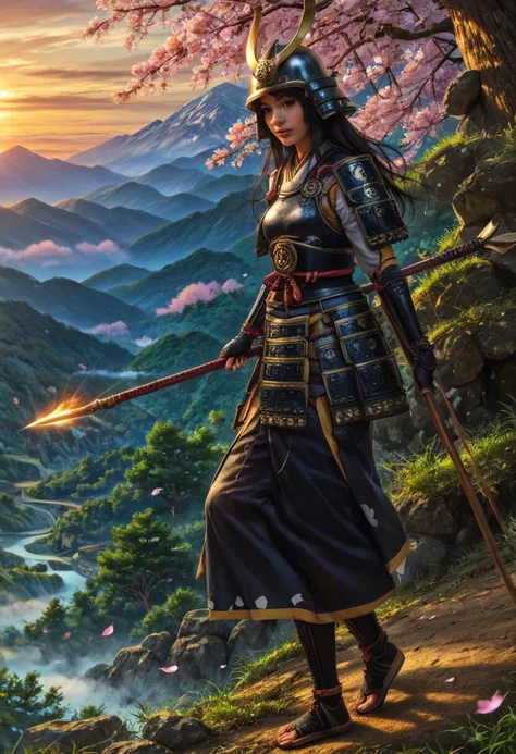 a woman in armor standing on a hill with a sword