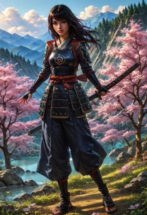 a woman in a samurai outfit standing in front of a mountain