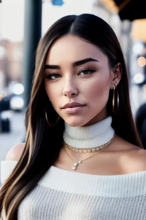 madisonB1 piercing eyes, looking straight, very happy,long hair, wearing an off-shoulder sweater, choker, closeup portrait, in a outdoor cafe in 2015, afternoon light