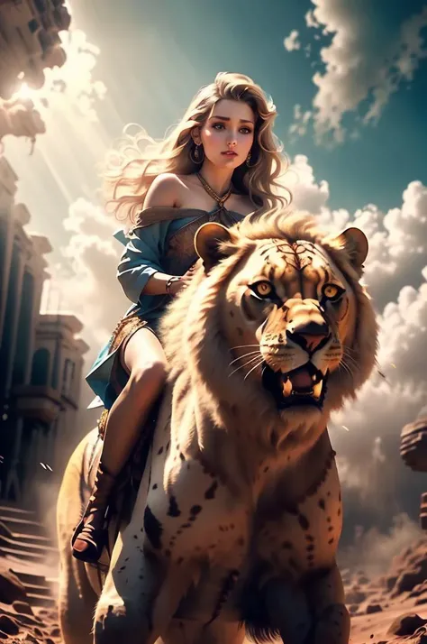 a woman riding on the back of a tiger in a desert