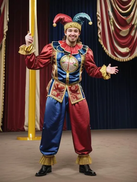 a man in a jester costume standing on a stage