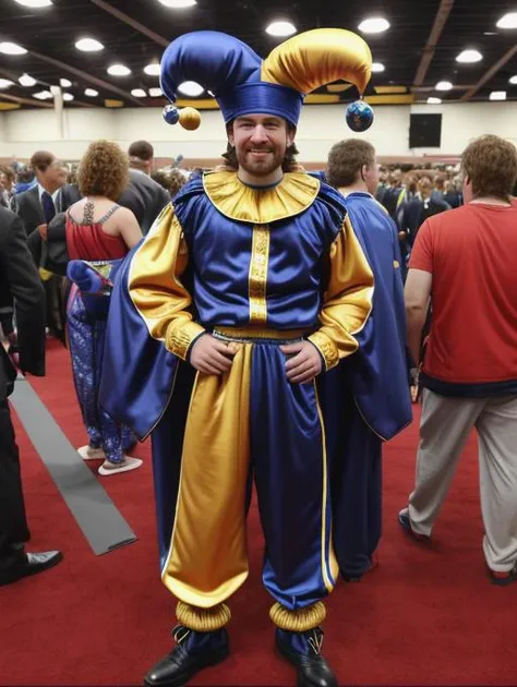 araffe dressed in a blue and gold costume standing in a crowd